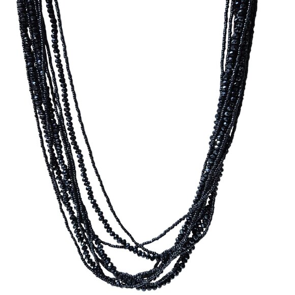 Elegant Multi Strand Black Beaded Necklace Rhinestone Magnetic Clasp Jewelry - Picture 1 of 8